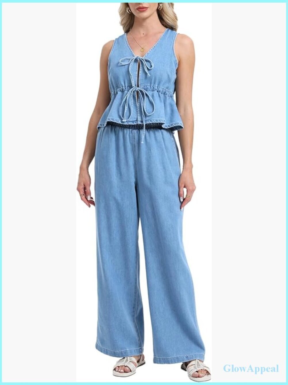 2 Piece Denim Set - Tie Front Vest & Wide Leg Palazzo Pants